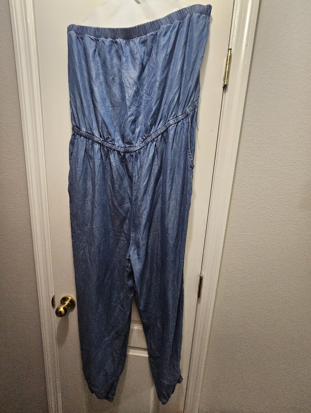 Forever 21 Strapless Chambray Jumpsuit in Blue